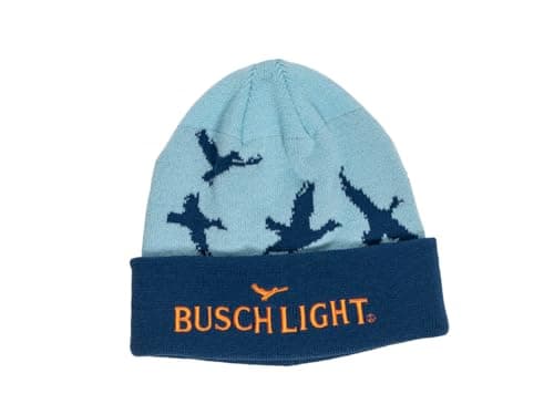 Calhoun Busch Light Knit Beanie – Light Blue & Navy Winter Hat with Flying Duck Design