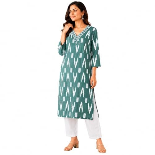 Ramkudi Kurti for Women | Straight Fit Cotton Printed Kurtis | 3/4 Sleeves Indian Style Tunic | Casual Kurtis for Girls Dusty Teal