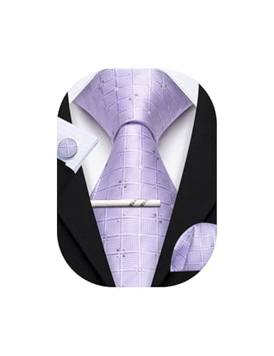YOHOWA Lavender Tie for Men with Tie Clip Plaid Silk Necktie Pocket Square Cufflinks Set Formal Business Festival Party