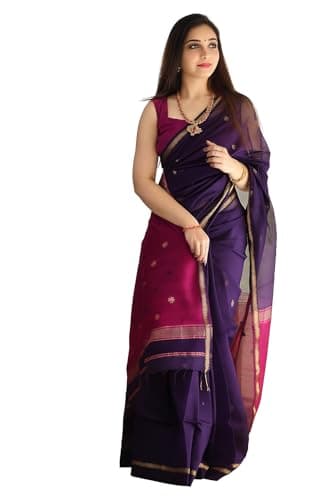 AKLEENA Women's Cotton Silk Saree Purple and Magenta with Golden Zari Border | Soft Silk Saree with Unstitched Blouse Piece
