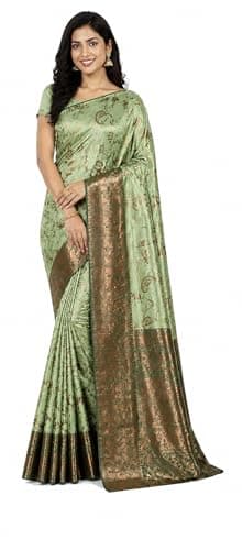 KAMLA CREATION Women's Kanjivaram Soft Silk Saree With Unstitched Blouse Piece 5.5 Metres (Pista Green and Rich Antique Copper Zari)