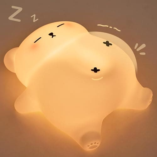 LettreQ Snoring White Bear Night Light, Rechargeable Squishy Lamp - Silicone Nursery LED Animal Dimmanble Touch Nightlight - Bedroom Cute Funny Birthday Christmas Gifts for Kids, Boy, Girls
