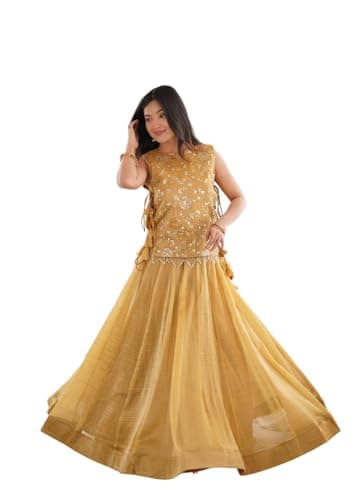 Women's Salsa Crush Embroidery Sequence Work Lehenga Choli Set with Dupatta Ready to wear. (yellow, 42)