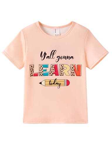 PATPAT Girls T Shirts Size 6-7 Years, Apricot Graphic Tees, Crew Neck Short Sleeve Shirts Children Clothes Going Out Outfit Preppy Tops