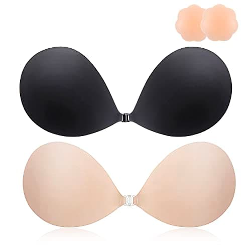 MINIYA 2026 Push Up Sticky Bra, 2 Pack Reusable Ultra Adhesive Invisible Backless Strapless Bra with Nipple Covers (US, Cup Band, B, Nude+Black)