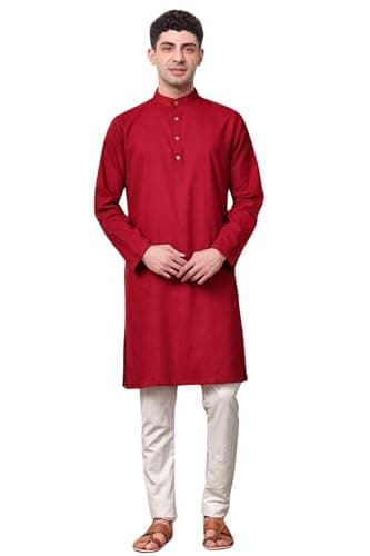 SKAVIJ Men's Cotton Linen Solid Kurta Pajama Set Mandarin Collar Casual Party Dress (KP139red_Red_S)