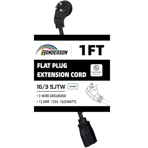 HONDERSON Flat Plug Indoor Extension Cord, UL Certified, 16 Gauge 1FT Black 3 Prong Heavy Duty, 16/3 SJTW 13A Power Cord for Lights, Appliances, Home