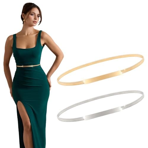 XZQTIVE 2 Pieces Women Skinny Metal Chain Waist Belt Stretchy Saree Cinch Belt for Dress Gold Sliver (00 Smooth-Gold/Silver, Fit waist 30-33 in)