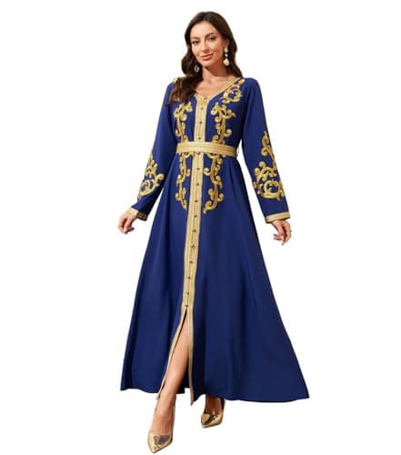 Middle Eastern Modest Maxi Dress - Muslim Moroccan Kaftan Abaya for Women Gold Embroidered Eid Dress Islamic Traditional Wear (Royal Blue, M)