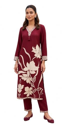 Women’s Maroon Floral Printed Kurta Pant Set Dress | Elegant V-Neck Ethnic Set for Casual & Festive Wear (US, Alpha, XX-Large, Regular, Regular, Maroon)