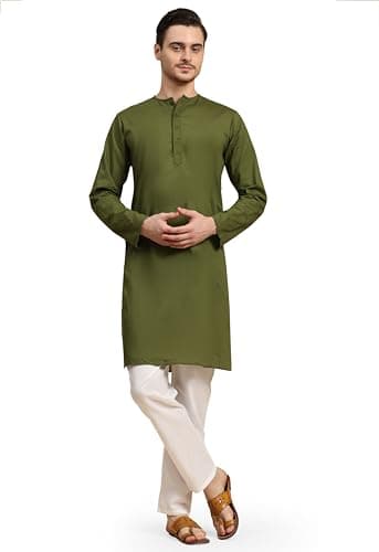 SKAVIJ Men's Pure Cotton Solid Kurta Pajama Set Round Neck Daily Wear Casual Yoga Dress (KP096olivegreen_Olive Green_XL)