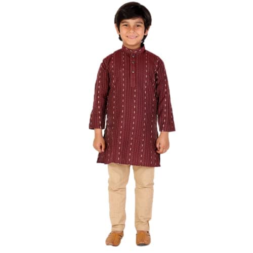 Pro-Ethic Style Developer Boy's Indian Kurta Set | Kids Ethnic Wear | Cotton | Thread Line | Mandrain Coller (Maroon, 3-4 Y)