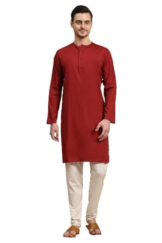 SKAVIJ Men's Pure Cotton Solid Kurta Pajama Set Round Neck Daily Wear Casual Yoga Dress (KP096red_Red_XL)