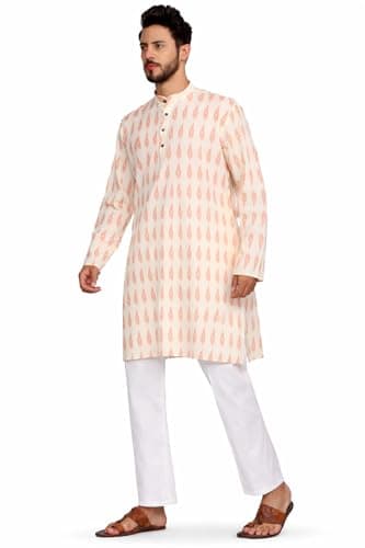 TOSQP27 Mens Pure Cotton Kurta Pajama Orange Gift Casual Ethnic Wedding Festival Outfit Knee-Length Block Printed
