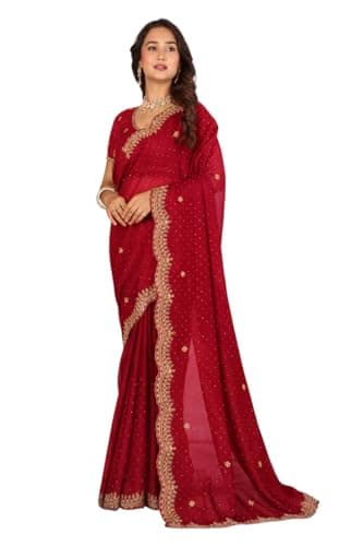 VENSHIYA Saree for Women Georgette Broad Golden Embroidery Border Siroski Diomond work Saree with Unstitched Blouse Piece (Rani)