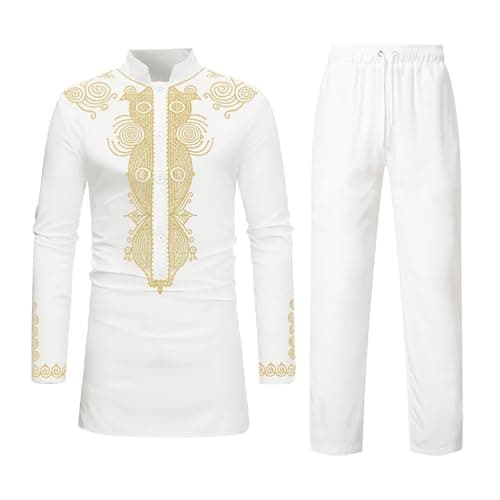 HEFASDM Men's African Dashiki 2 Piece Suit Traditional Long Sleeve Kurta and Pants Outfits Set White XL
