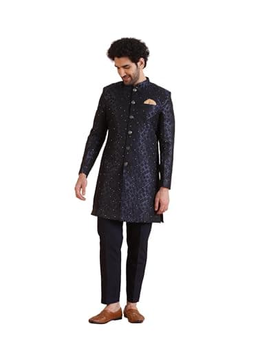 KISAH Men's Sherwani Trouser Set, Blue Jacquard, Woven Design Regular Fit Mandarin Collar Long Sleeves (42)