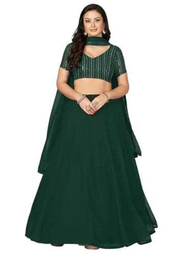 Indya Women's Deep Green Georgette Embroidered Half Sleeve V-Neck Lehenga Set