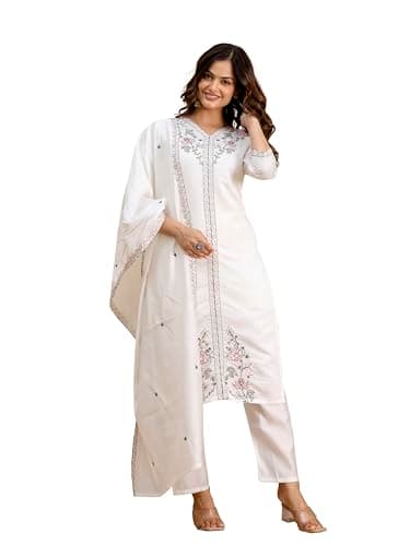 TRENDMALLS Women's Chanderi Embroidery Kurta Pant with Dupatta Set (G386-White-L)