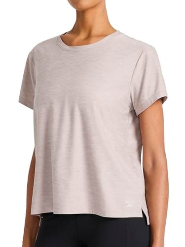 Reebok Women’s Tech Short Sleeve Crewneck T-Shirt, Standard Fit, Lightweight Stretch Heathered Poly Fabric, Opal Grey Heather, X-Large