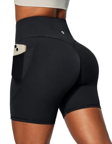 Heathyoga 6" Butt Lifting Biker Shorts Women with Pockets Workout Shorts Women Tummy Control Yoga Shorts Spandex Shorts Gym Black