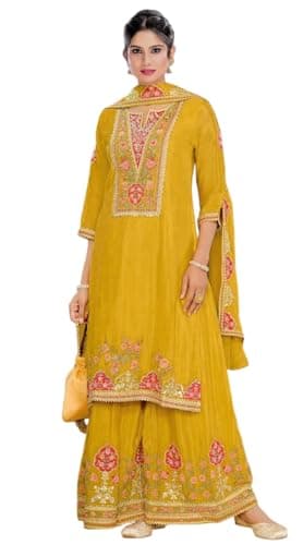 Frusha Ready to Wear Indian Pakistani Wedding Wear Palazzo Style Salwar Suit for Women (US, Numeric, 38, Regular, Regular, Yellow)