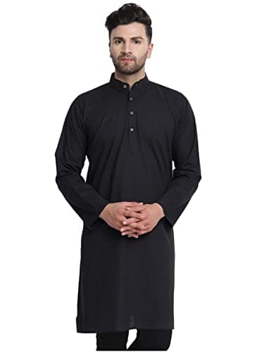 In-Sattva Men's Indian Banded Classic Collar Pure Cotton Long Kurta Tunic; Black; MD