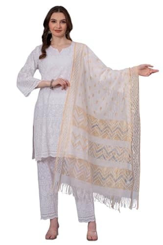 LONIX Women's White Chikankari Kurta Set – Hand Embroidered Cotton Kurti Pant & Dupatta – Elegant Indian Tunic Dress for Summer Weddings Festivals & Daily Wear- Small