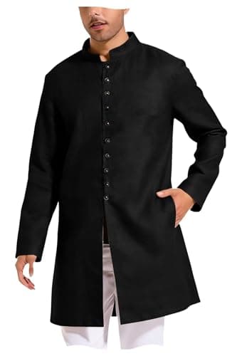 ONAXTDA Men's Casual Long Attire Ethnic Festive Party Stand Collar Cotton Linen Lightweight Kurta Sherwani Coats Kaftan Black 3XL