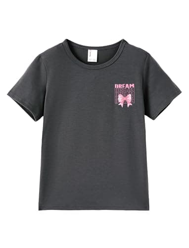 PATPAT Girls T Shirts Size 5-6 Years, Dark Grey Bow Print Graphic Tees, Crew Neck Short Sleeve Shirts Trendy Clothes Little Sister Outfit Cheer Tops