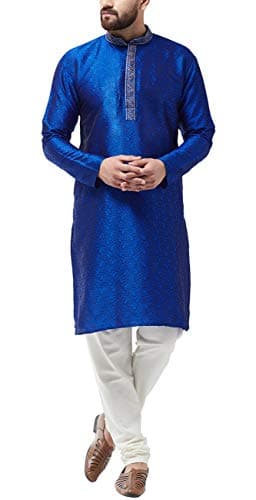 Sojanya (Since 1958 Men'S Silk Blend Royal Blue Kurta And Off White Churidar Pyjama Set, Size 38