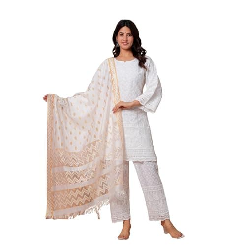 SANJHEYA- CRAFTED TO BELONG Women's White Chikankari Kurta Set – Hand Embroidered Cotton Kurti Pant & Dupatta – Elegant Indian Tunic Dress(Large)
