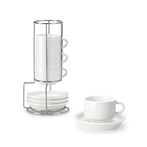 Prime: 4-Count MALACASA 2.5-Oz Porcelain Stackable Cups & Saucers Set w/ Metal Stand (White) $11.99 & More + Free Shipping