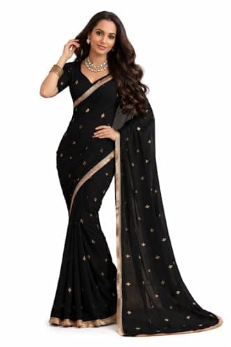 Svayi Women’s Georgette Gold sequins Embroidery butti with zari woven border work Saree for Wedding Festive Party Style Sari with Blouse Piece (SR1286-Black)
