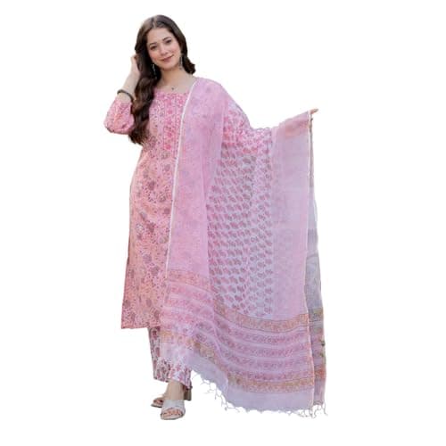 HAIVN Women's Pink Floral Print Straight Kurti Pant Dupatta Set | Cotton Ethnic Festive Wear Suit | Medium