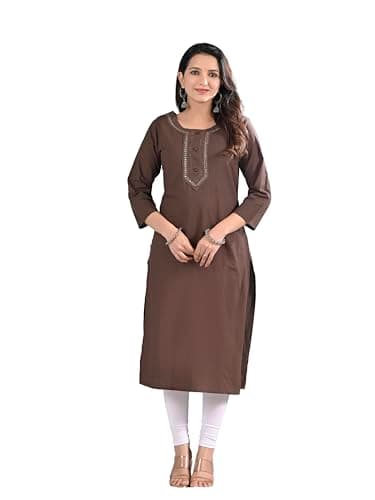 Meyali Womens Plain Cotton Kurti Top | Straight Fit Round Neck Kurta | 3/4 Sleeves Tunic Top | Casual Indian Kurti for Women- Brown