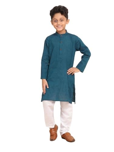 BABA AND BABY boys ethnic wear handloom cotton plain peacock green colour kurta pajama set (Peacock Green, 13-14 Years)