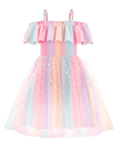 Arshiner Girl Tulle Dresses Toddler Glitter Dress Off Shoulder Flutter Formal Birthday Party Princess Rainbow Dress ToddlerGirls Formal Dresses Size 7-8