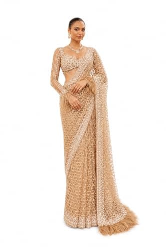 RETRO RETREAT COIN Women's Net Sequin Embroidery Sequence Saree Work With Unstitched Blouse Piece (Light golden)