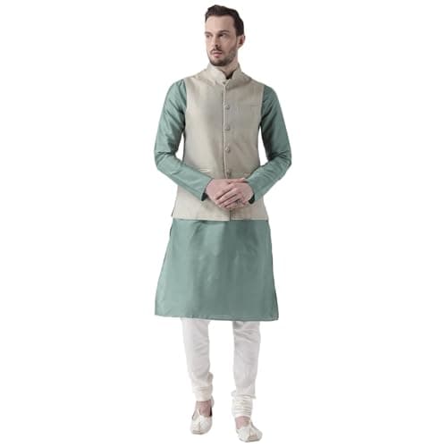 KISAH Men's Kurta Set with Churidar – Jacquard Art Silk Tunic with Mandarin Collar, Regular Fit – Indian Wedding Outfit for Men – Festive Wear for Diwali, Eid & Celebrations, Light-Green, 38