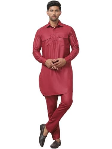 Maple Clothing Punjabi Kurta Pajama Set Pathani Cotton India Clothes for Men (Maroon, L)