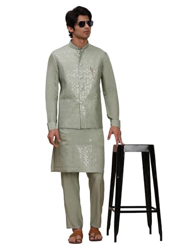 Pro-Ethic Style Developer Men's Cuffed Sleeves Cotton Kurta and Trouser Set with Embroidered Waistcoat (Nehru Jacket) (C-121) Mehndi Large
