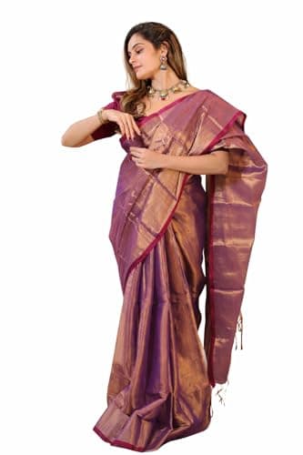 SAREEN Women’s Purple Copper Raga Cotton Tissue Saree with Rich Woven Border | Ethnic Party & Occasion Wear