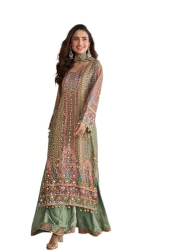 Indya Multi Color Embroidered Crepe Sharara Set for Wedding | Long Sleeve | Scoop Neck | Indian Ethnic Wear