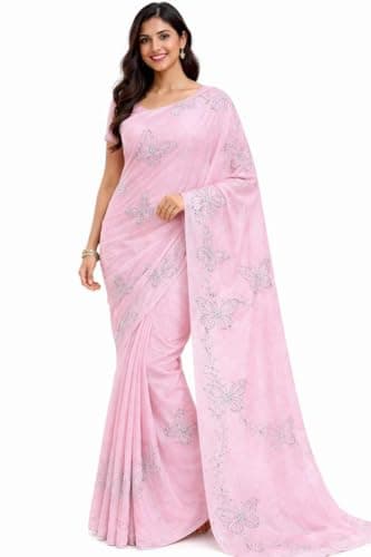 RS CREATION Women's Soft Net Embroidery Work Saree with Unstitched Blouse Piece (Baby Pink)