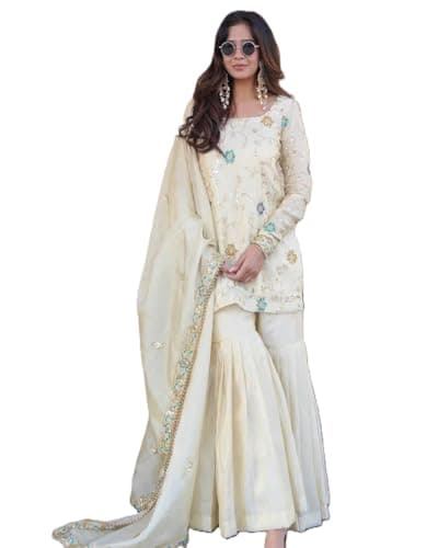 NAVAASU Women's Chinnon Art Silk Embroidery Sequence Work Kurta Sharara Set with Dupatta For Women Wear (US, Alpha, Medium, Regular, Regular, Beige)