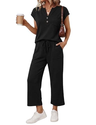 oncharm 2 Piece Lounge Sets for Women 2026 Spring Matching Sets Henley Top Wide Leg Crop Pants Casual Vacation Outfits