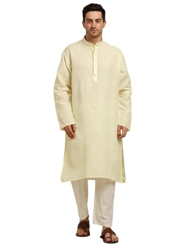 ITOS365 Men's Ethenic Kurta Pajama Set - Festive & Wedding Wear - Tunic Art Silk - Traditional Indian Outfit Lemon XL