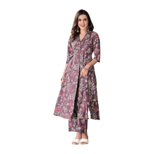 Desiqlo Women's Floral Printed Rayon Co-Ord Set, Mauve, Front Slit Kurta with Pant (Mauve, Medium)