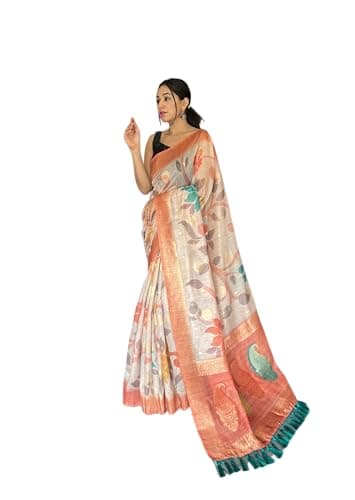Rang Priya Pure Chanderi Banarasi Silk Saree with 3D digital Print and unstitched blouse (Peach)